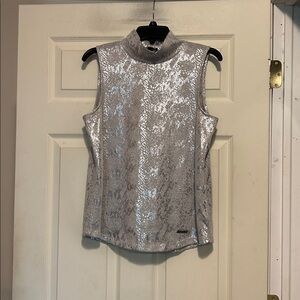 Jones New York Mock Neck Gray Foil Silver Animal Print Sleeveless Top Size Large